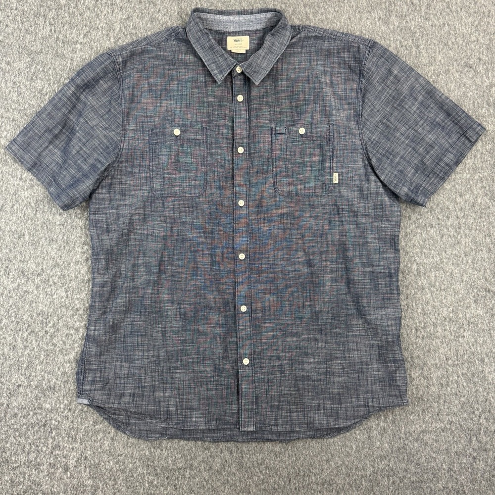 Vans Button Up Shirt Mens XL Gray Chambray Short Sleeve Casual Skate
